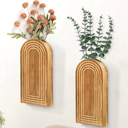 2 Pack Wall Decor Wood Wall Planters for Indoor Plants Modern Wall Planter for Bathroom Living Room Kitchen Wall Decor Farmhouse Wall Vase for Decor Dried Flowers and Faux Greenery(Rustic Brown)